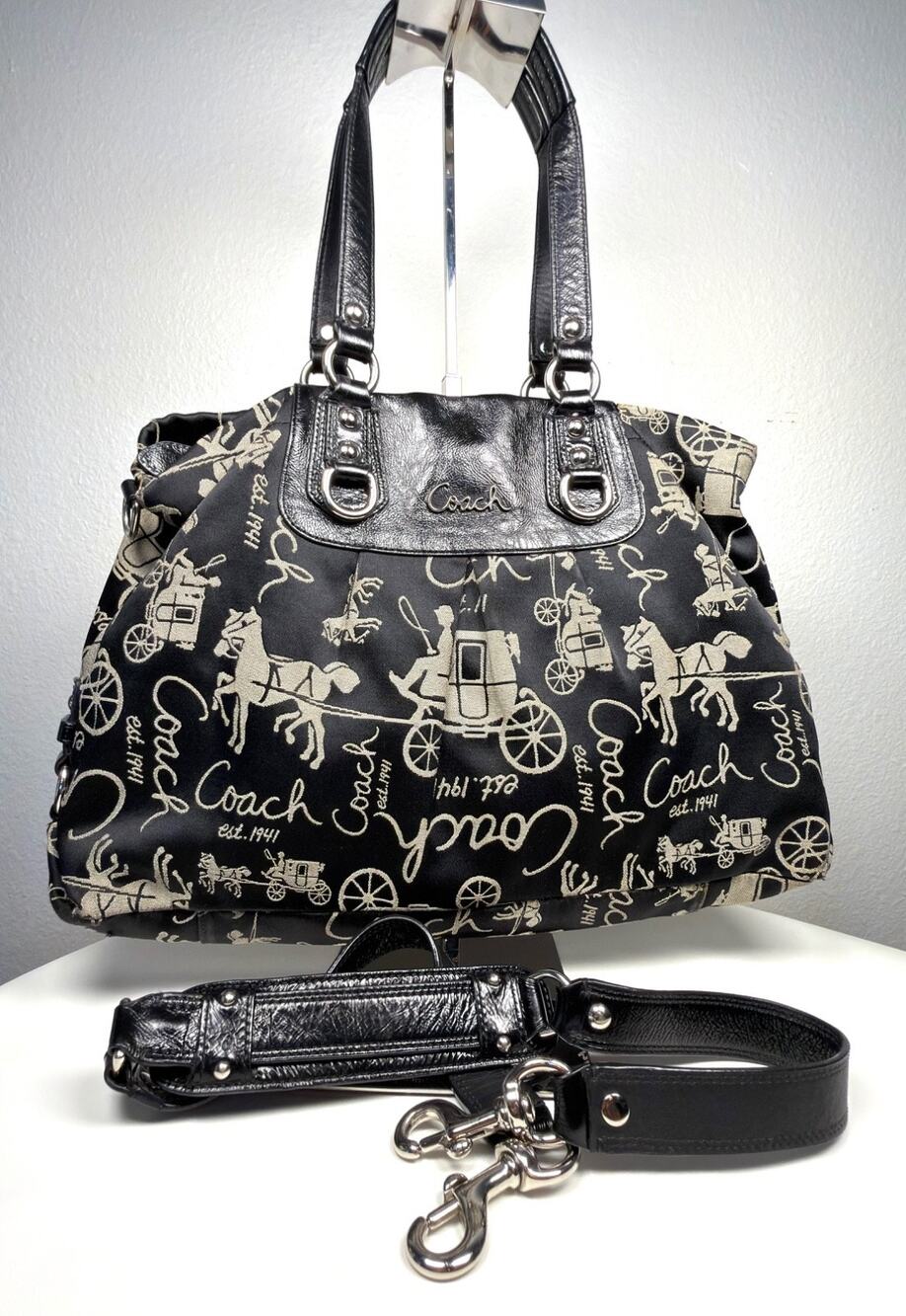 Authentic Coach Ashley Horse & Carriage Carryall Satchel Bag Black Canvas F15656